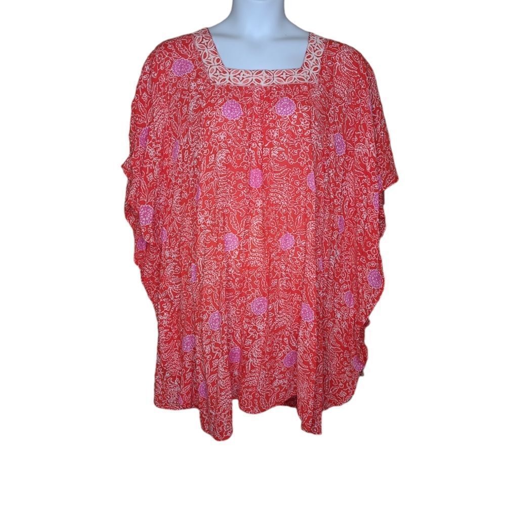 VINTAGE Batik Bali printed red and pink kaftan coverup dress tunic top L